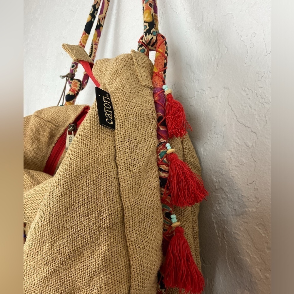 Catori Burlap Shoulder Bag Red Tassel Beads Boho Vacation - Picture 7 of 12